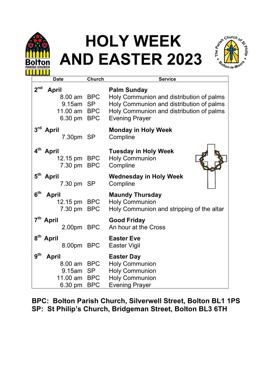 A reminder of our programme of services for Holy Week and Easter