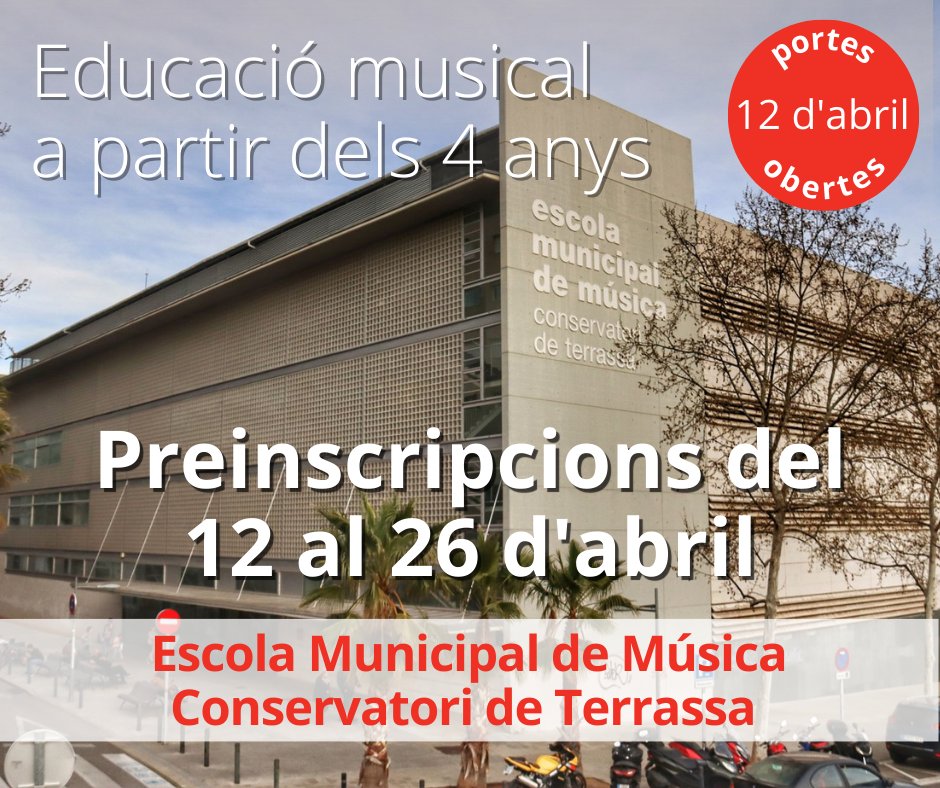 A partir del 12 d'abril, preinscripció oberta a l'Escola Mpal de Música <a href="/ConservatoriTRS/">ConservatoriTerrassa</a>. El 12/04 jornada de portes obertes! informa-te'n a enllaç terrassa.cat/escolademusica
#conservatorideterrassa #Terrassa #ciclesdelavidaTRS <a href="/ajterrassa/">Ajuntament de Terrassa</a> @terrassaeducacio