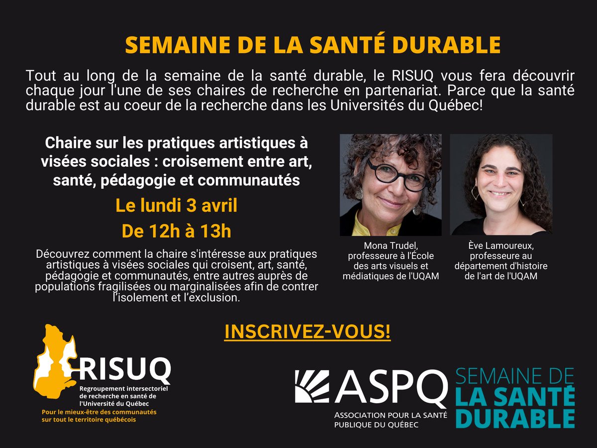 RISUQ (@reseaurisuq) on Twitter photo C'est bientôt la #SSD2023 et le RISUQ en profite pour présenter quelques-unes de ses chaires en partenariat. La première : les pratiques artistiques à visées sociales, avec Mona Trudel et Ève Lamoureux de <a href="/UQAM/">UQAM | Université du Québec à Montréal</a>!
👉bit.ly/3Kn5su6
<a href="/ASPQuebec/">Association pour la santé publique du Québec</a> #santédurablequébec C'est bientôt la #SSD2023 et le RISUQ en profite pour présenter quelques-unes de ses chaires en partenariat. La première : les pratiques artistiques à visées sociales, avec Mona Trudel et Ève Lamoureux de <a href="/UQAM/">UQAM | Université du Québec à Montréal</a>!
👉bit.ly/3Kn5su6
<a href="/ASPQuebec/">Association pour la santé publique du Québec</a> #santédurablequébec