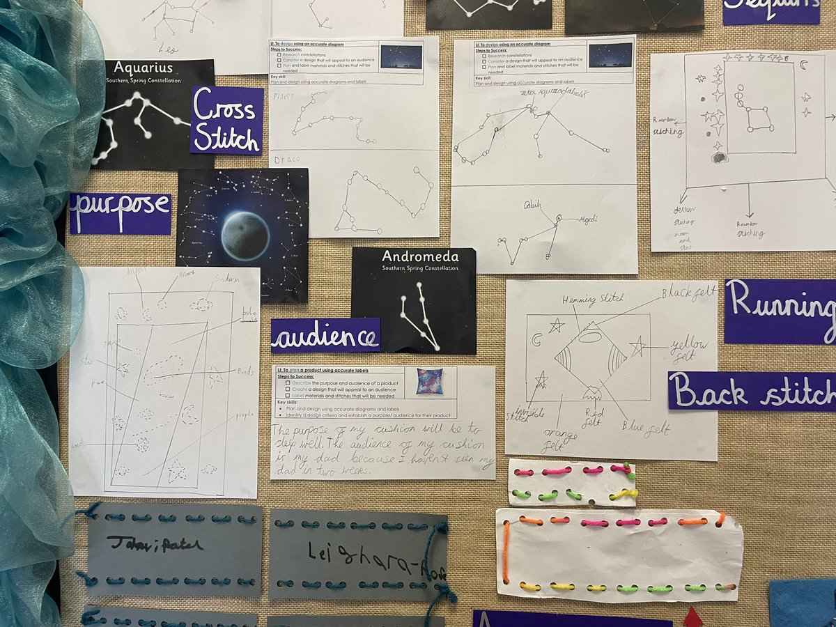 FoxfldAlmond1's tweet photo. An amazing DT journey! All about the stars and constellations. The children loved the experience of designing, creating and sewing. All that’s left to do is sew together to make an almond tree class pillow 🥳 so proud! @foxfield https://t.co/pTjmOb6Ms2