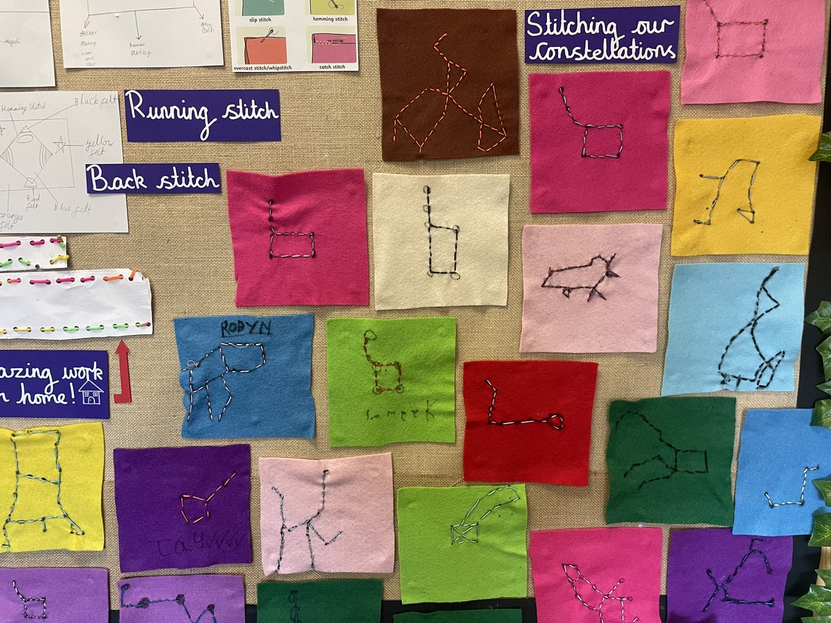 FoxfldAlmond1's tweet photo. An amazing DT journey! All about the stars and constellations. The children loved the experience of designing, creating and sewing. All that’s left to do is sew together to make an almond tree class pillow 🥳 so proud! @foxfield https://t.co/pTjmOb6Ms2