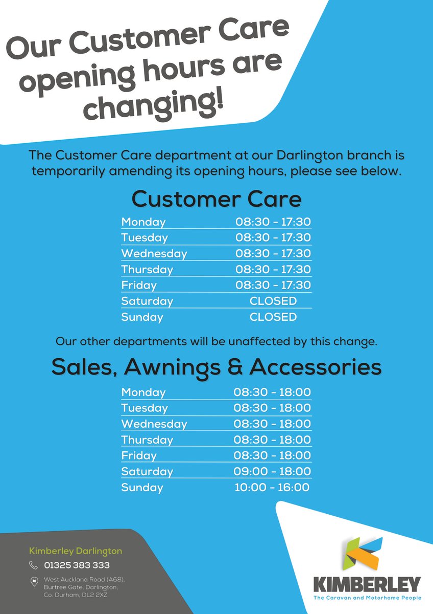 📣Please Note:
Our Darlington Customer Care are temporarily changing their opening hours, please see below for the amended hours.👇

This will take effect from April 1st and our team are contacting those who may be effected by this change.

- The Kimberley Team