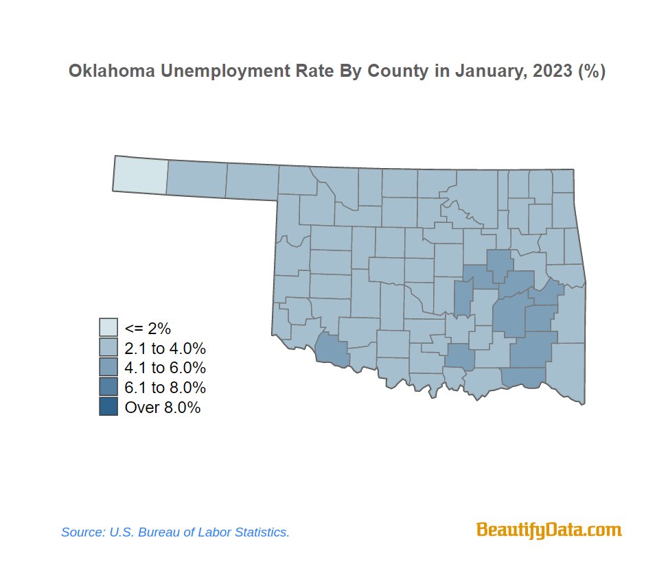 BeautifyData's tweet image. In January, #Latimer county had the highest #unemployment rate (5.9%) in #Oklahoma, and #Cimarron county had the lowest (1.7%).

beautifydata.com/economics/unit…

#bls #unemploymentrate #US #UnitedStates