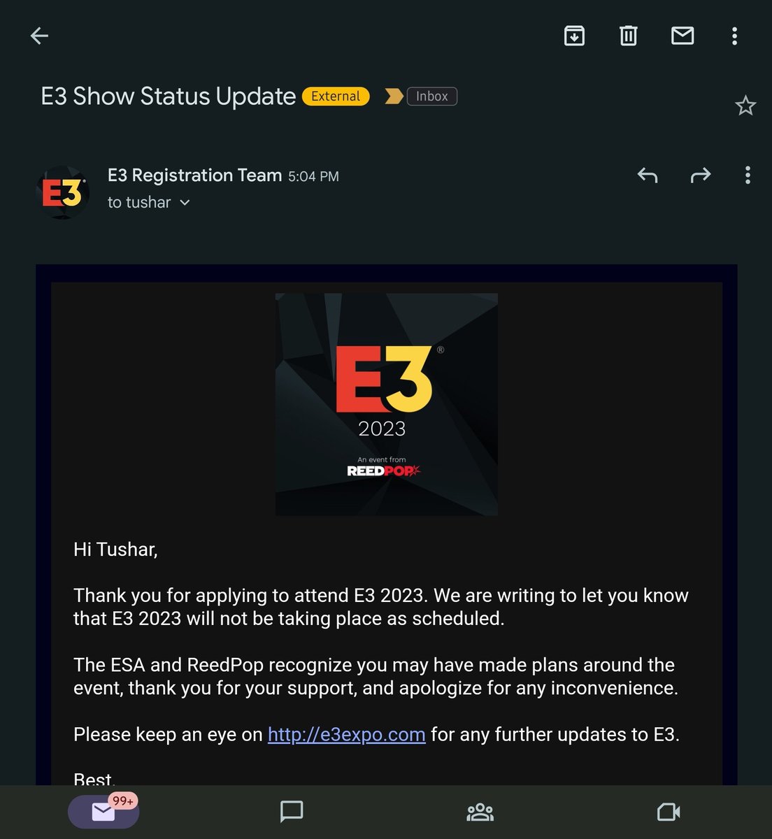 tusharnene's tweet photo. You could have just said no, #e3. You didn't have to cancel the whole show! #E32023 #E32023Cancelled

Seriously though, a bummer. https://t.co/nmEsK0baG0
