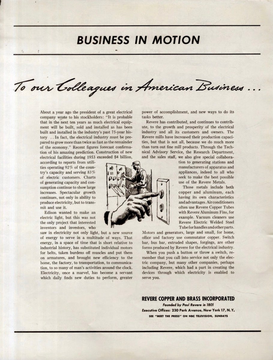 LRonLacy's tweet image. In #MARCH 1954
‘Business in Motion. To our Colleagues in American Business. . .’
Revere Copper and Brass Incorporated. March 1954.
#electricalmachinery #electricaldevices #machinery #electricity #RevereCopperandBrass