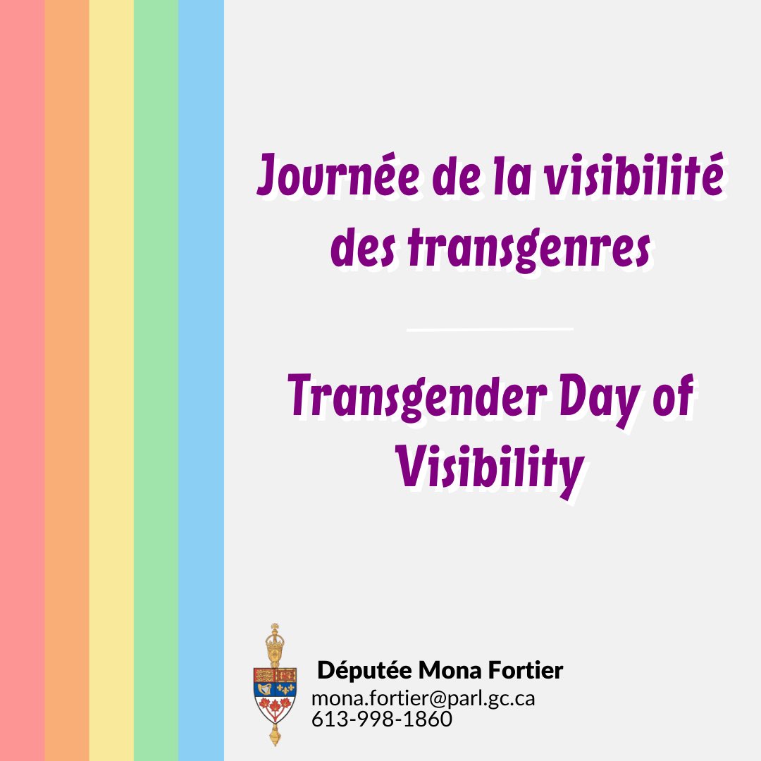 Mona Fortier 🇨🇦 (@MonaFortier) on Twitter photo 2023-03-31 14:33:12 À l'occasion de la #JournéeDeLaVisbilitéTrans, soyez fiers, soyez heureux, soyez vous-même - tous les jours. Nous rendons hommage à la résilience des personnes transgenres, bispirituelles et non binaires et célébrons leur diversité et leurs contributions au Canada. 🏳️⚧️ À l'occasion de la #JournéeDeLaVisbilitéTrans, soyez fiers, soyez heureux, soyez vous-même - tous les jours. Nous rendons hommage à la résilience des personnes transgenres, bispirituelles et non binaires et célébrons leur diversité et leurs contributions au Canada. 🏳️⚧️