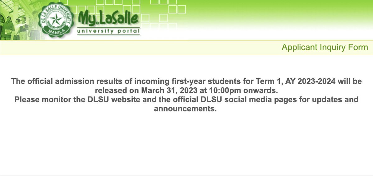 TheAnimoSHS's tweet photo. ANNOUNCEMENT: As of now, the results of the De La Salle University College Admissions Test (DCAT) have not been released.

Official admission results were set to be released by 10 PM today. | via https://t.co/BkyWRemyUv https://t.co/OiQ0oIhqiO