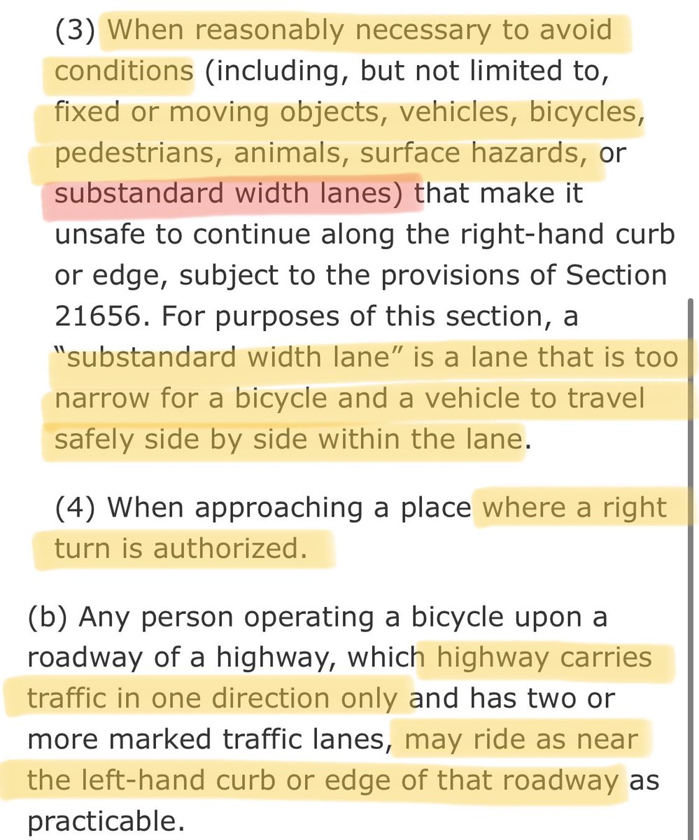 No, CA state law does not say that people on bikes should “should ride as close as possible to the edge of the roadway”. The actual text is provided below.

Citing the law incompletely &amp; incorrectly is misinformation &amp; contributes to the dangerous status quo on our roadways.
