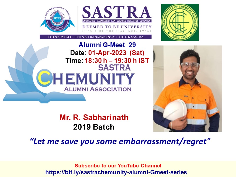 iicheschap's tweet photo. Alumni G-Meet 29
Date: 01-Apr-2023 (Sat)
Time: 18:30 h - 19:30 h IST
Speaker: Mr. Sabharinath R, 2019 BTech Chemical Engineering graduate batch
Affiliation:  Veolia Water Technologies &amp; Services (WTS), Perth, Western Australia.
Title:   Let me save you some embarrassment/regret. https://t.co/ZZ1tN7gQXF