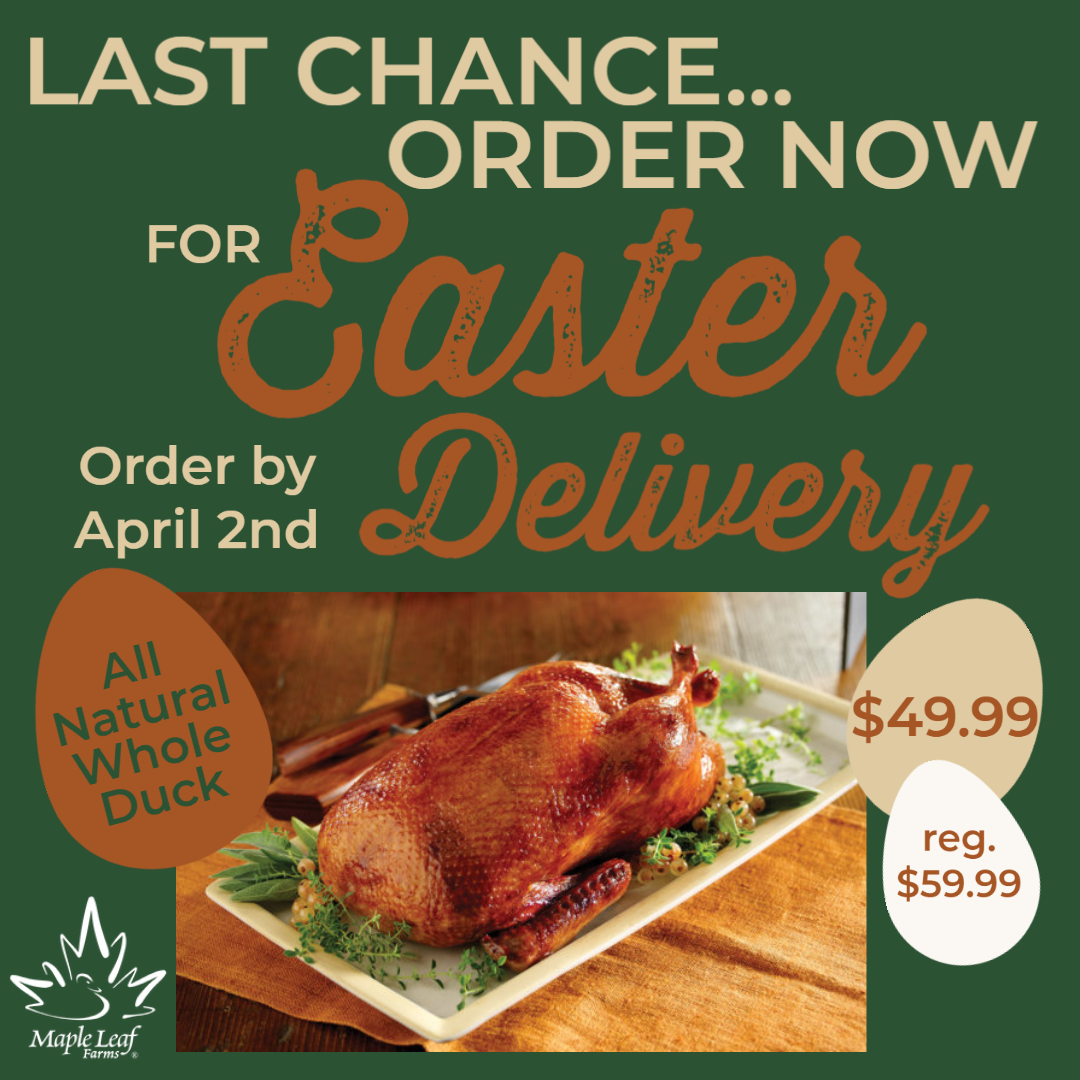 Our Whole Ducks are ON SALE until April 6th—order by April 2nd to guarantee delivery before Easter.  

Find our SALE here 👉 bit.ly/3lC4T6k