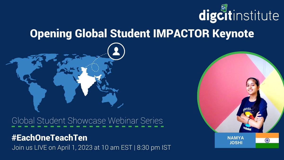 I am so proud to be a #GlobalIMPACTOR 🙌

Honoured to be the opening keynote for #GlobalStudentShowcase celebration ✨

🗓️ April 1st

⏰ 10 am EST | 8:30 pm IST

🔗 youtube.com/watch?v=NIwbm6…

Classrooms & school communities 🌏are invited to join us all month!
#EachOneTeachTen 🌀