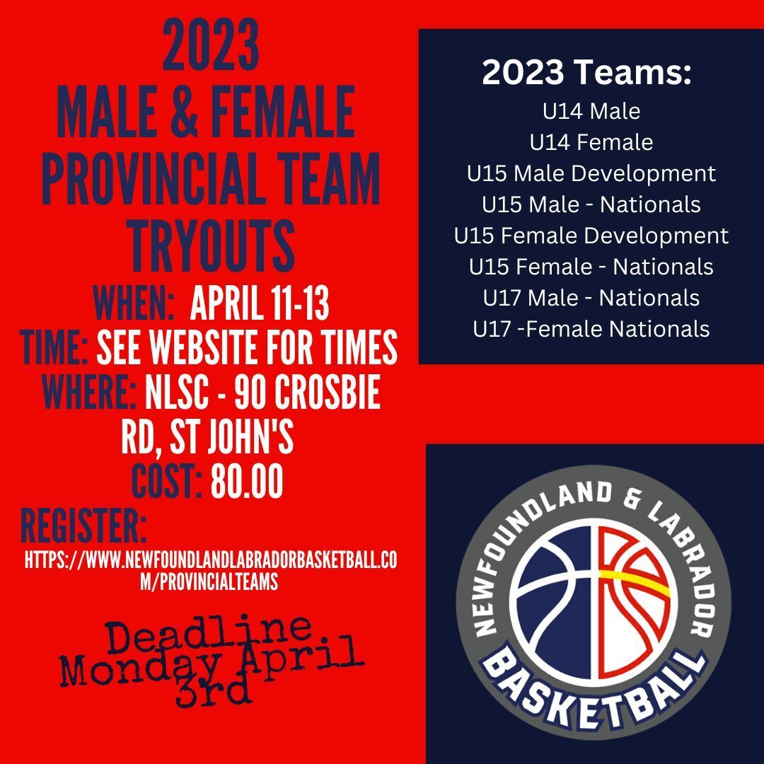 nlbasketball's tweet photo. Good afternoon #NLBACommunity! Deadline for 2023 Provincial Team Tryout registration is Monday April 3rd. Please make sure you register if you are considering coming to the tryout. https://t.co/Mk71IY4Oo2 https://t.co/8ZLKUT6cNr