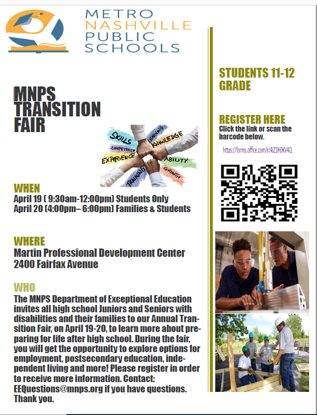 ANNUAL MNPS TRANSITION FAIR:  
Register Here: forms.office.com/r/4jZ1H0KV4Q
April 19th for all Juniors and Seniors with IEPs
Parent Night: April 20th for students with IEPs grades 8-12 <a href="/EERocks_MNPS/">EERocks_MNPS</a> <a href="/MetroSchools/">Metro Schools</a>