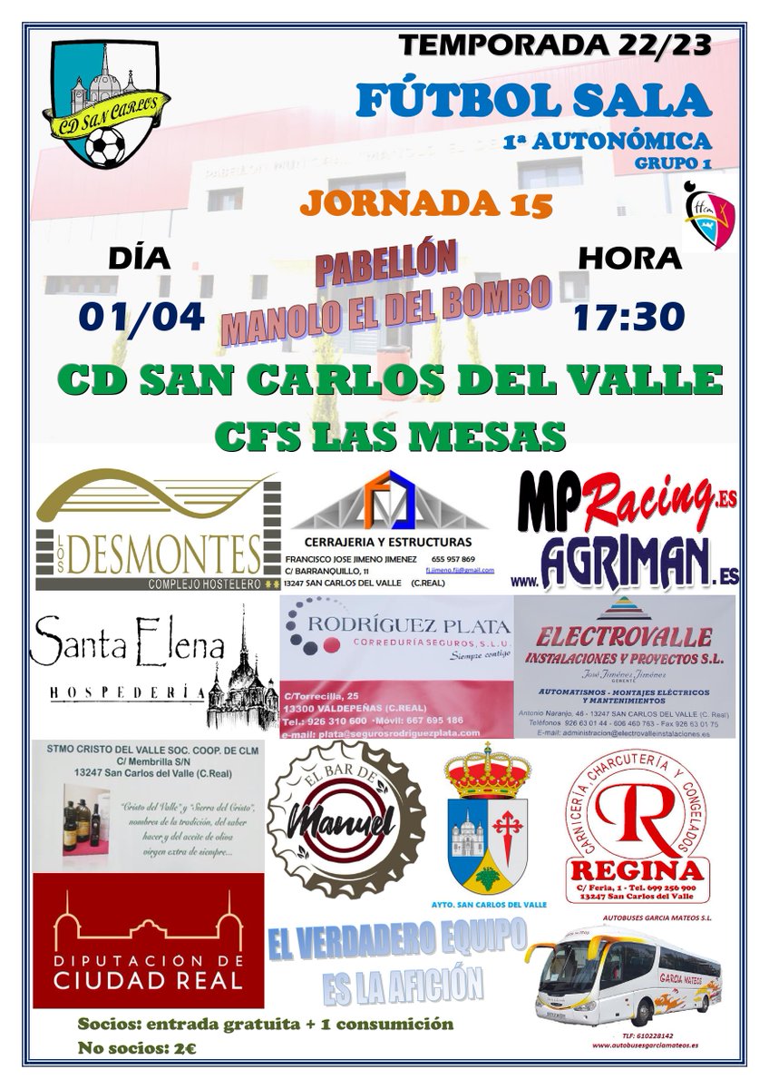 Jornada 15| En esta jornada el CD San Carlos recibe al CFS Las Mesas. El partido se celebrará mañana sábado en el Manolo el del Bombo a las 17:30h.