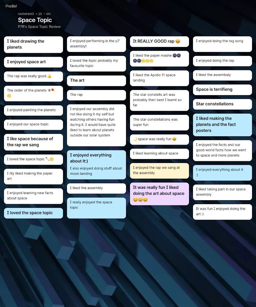 It was great to see such high levels of engagement for our Space topic. We used <a href="/padlet/">Padlet</a> to collate their thoughts and give any feedback.