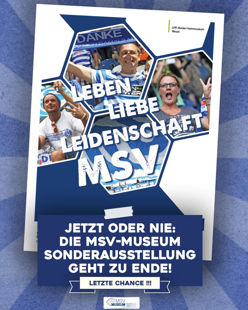 MSVDuisburg's tweet photo. Die letzte Chance! 🏃‍♂️💨

Noch bis Sonntag, 2. April 2023, habt ihr die einmalige Möglichkeit unseren Meidericher SV in der Sonderausstellung "Leben. Liebe. Leidenschaft." des MSV-Museum im LVR-Niederrheinmuseum zu erleben. 👀👀

➡️ https://t.co/2fyBDnGhpv

#120JahreMSV #Duisburg https://t.co/wj6FcoR8Qy