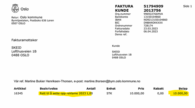 Om å drive idrettslag. Denne fakturaen ramler inn hvert år, 10 000 kroner til kommunen for retten til å ha reklame på idrettsanlegget. Det er ikke beløpet som plager, den er bare fryktelig irriterende når vi bruker millionbeløp årlig for å gjøre kommunens oppgaver for dem.