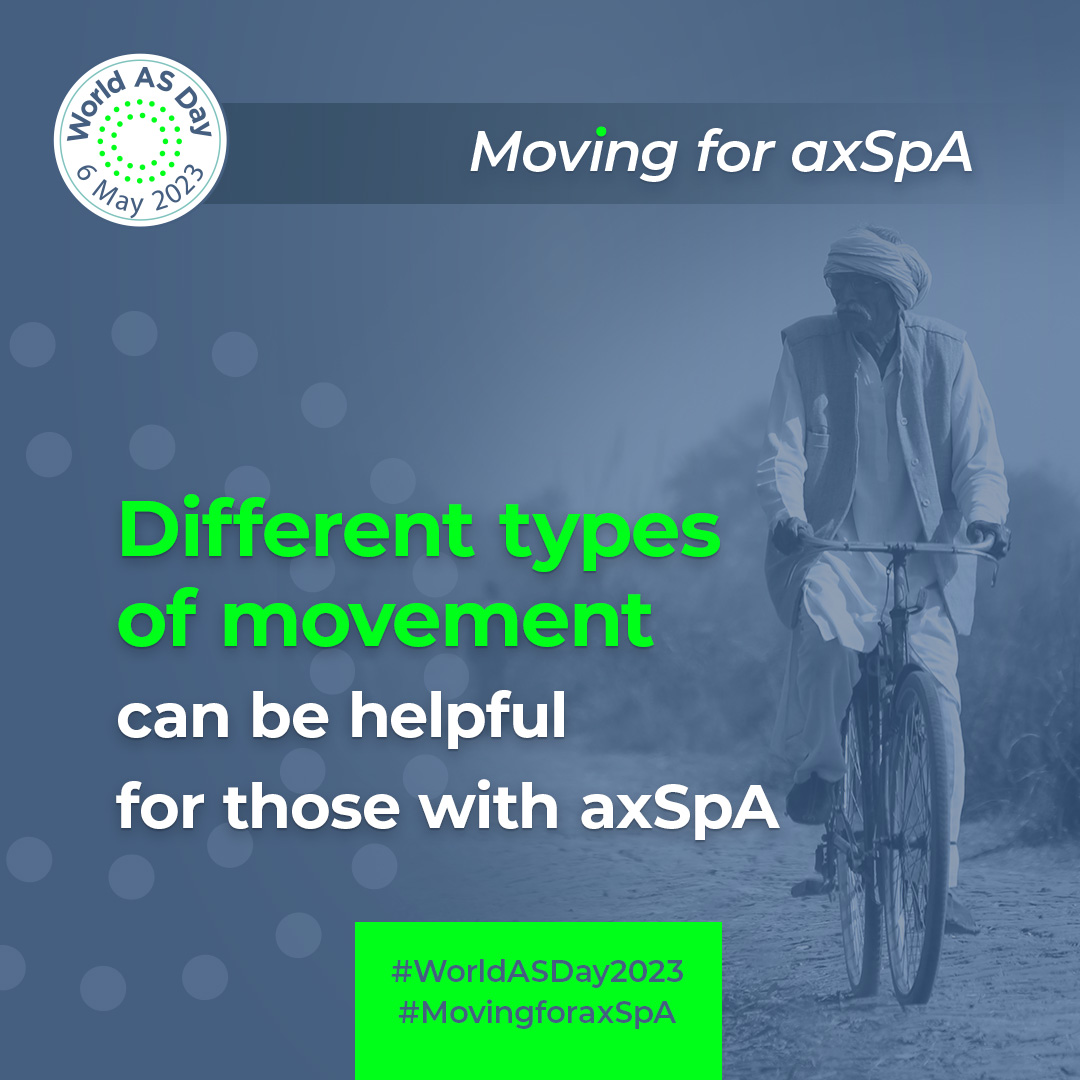 NASSexercise's tweet photo. We are supporting @ASIntFed's #WorldASDay2023 campaign  Sat 6th May, with the theme of #MovingforaxSpA. 
Movement can improve both physical and emotional well-being for those living with axial SpA. Find out  how to get involved with the campaign https://t.co/PNUDdPGO8S https://t.co/aigAmz3VI2