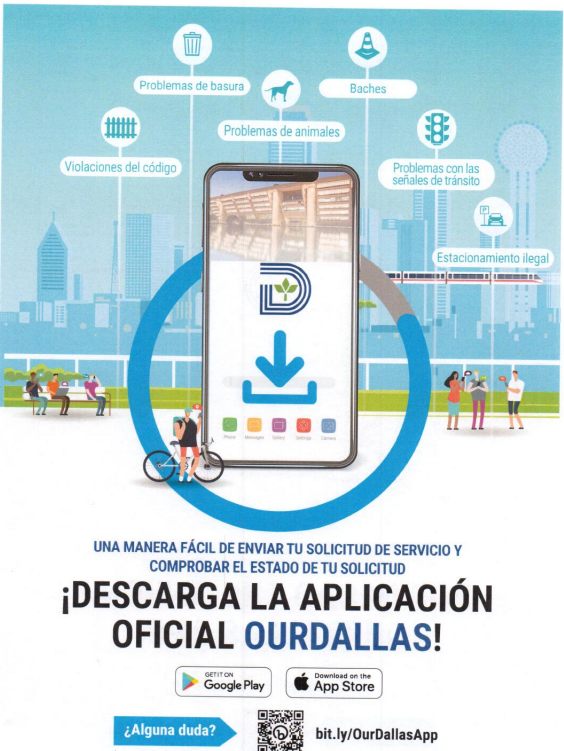 311Dallas's tweet photo. ¿Sabías que la App OurDallas, es la forma más fácil de solicitar un servicio a la ciudad de Dallas? Permítanos ayudarlo con su solicitud. #dallasrecreationcenters #dallaslatinos #dallas311 #dallaspubliclibrary #dallas #dallascityhall #dallascommunity #dallaswaterutilities https://t.co/fbdlnmEMEO