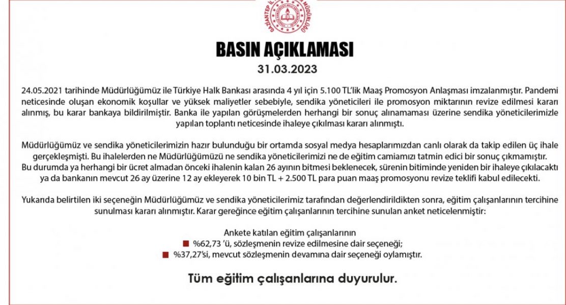 GundemiAntep27's tweet photo. Gaziantep İl Milli Eğitim Müdürlüğü promosyonla ilgili yaptığı anket sonuçlarını açıkladı. 

Öğretmenler unutmasın ama; anket, Gaziantep İl Milli Eğitim Müdürlüğü’nün günahına ve beceriksizliğine onları ortak etme girişimiydi. 

Başarılı oldular. https://t.co/PvZ8k2LGbd