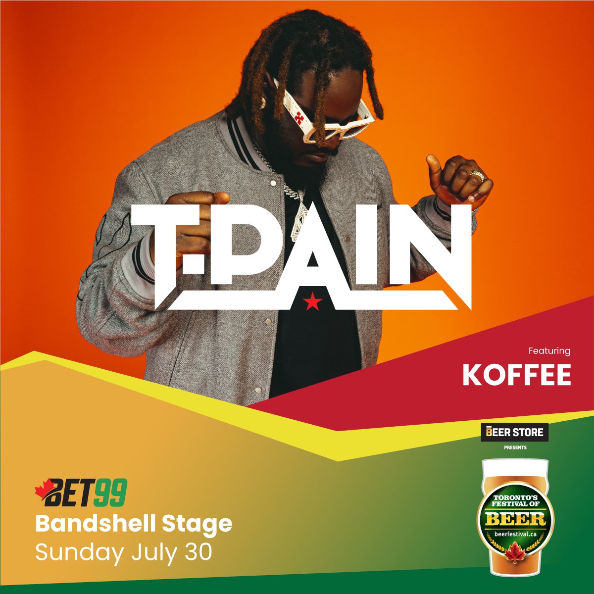 TOBeerFestival's tweet photo. The Sunday headliner on the 
@bet99sportsbook
 Bandshell Stage is the one and only 
@TPAIN with opener @originalkoffee ! Join us on July 30th for the best day of the summer. Tickets available now via link in bio.
#beerfest #TPain #Koffee #TFOB https://t.co/VLN2kSXJtA