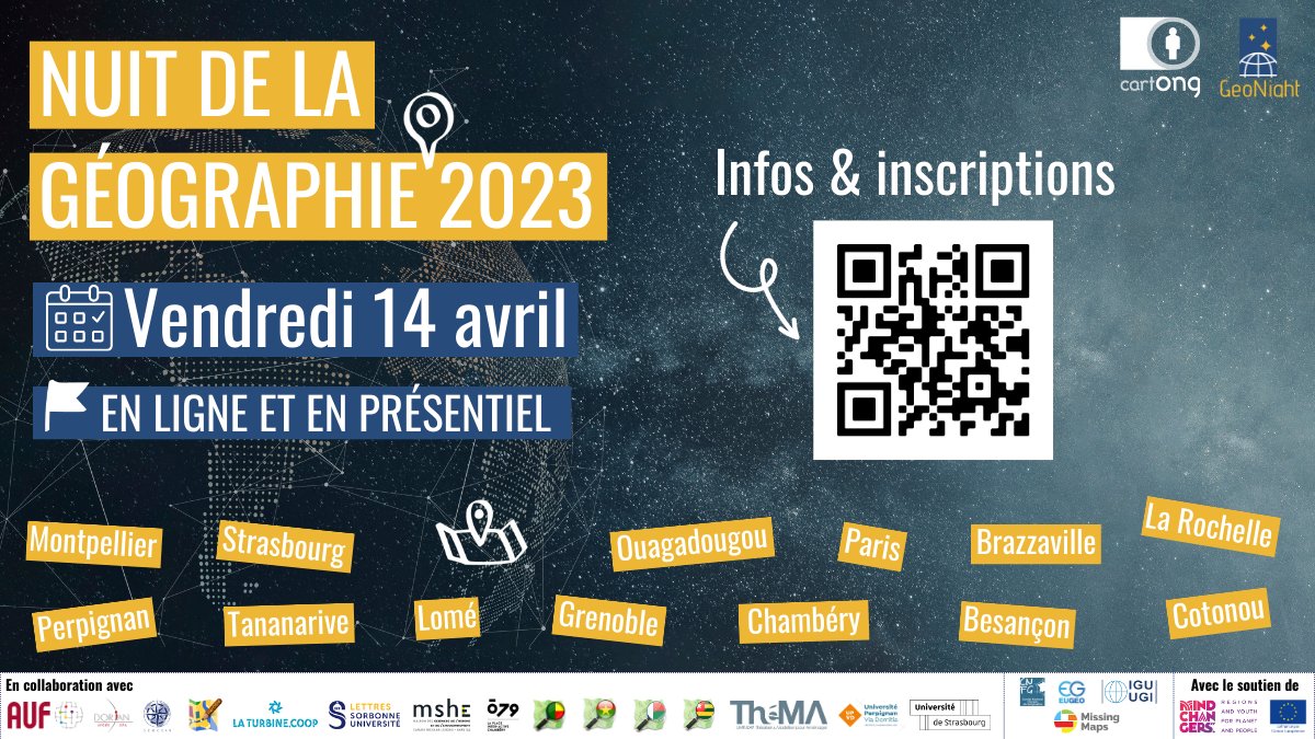 assocCartONG's tweet photo. ⌛🌠 J-15 avant la #geonight2023 ! CartONG et ses organisations partenaires vous invitent en France & à l'étranger, en ligne ou en présentiel, pour + de 10 #mapathons le 14 avril prochain 🤩
Infos et inscriptions via ce lien 👇
https://t.co/9Yrd2BCRwW
cc : @GeonightO, @OSM_BF https://t.co/N9FXKpoaPh