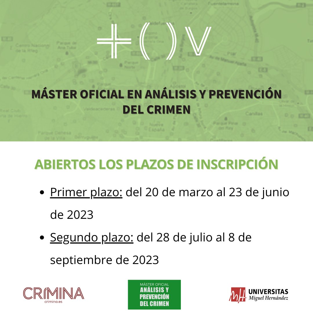 CriminaUMH's tweet photo. 📢¡Abrimos los plazos de matrícula para los Másteres de Crímina #MICv y #MAPc!
👨🎓Si quieres especializarte en Análisis y Prevención del Crimen o en Intervención Criminológica y Victimológica con los mejores y planes adaptados a ti, ¡entra y matricúlate!
https://t.co/pMQoEw3OeQ https://t.co/6W35JA3TyG