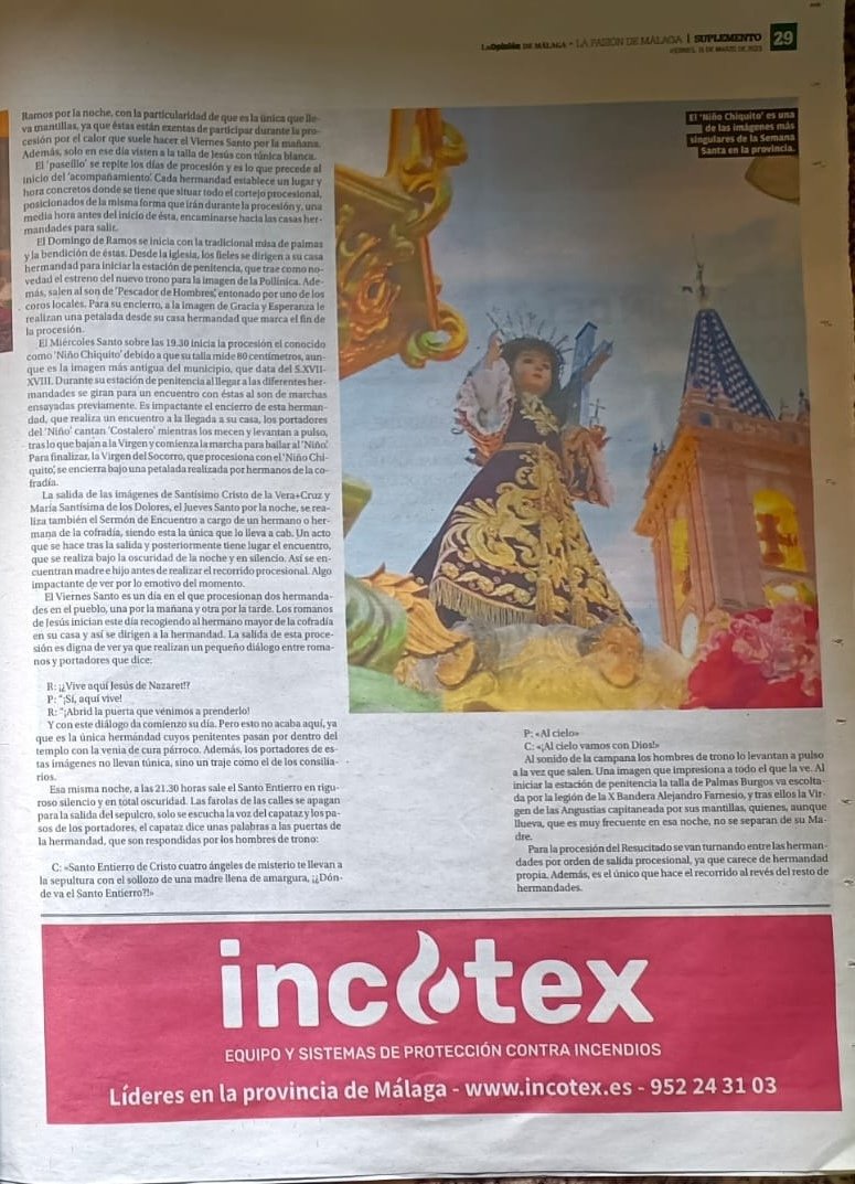 StoEntierro's tweet photo. Hoy, el suplemento @LaPasiondeMLG" de la @opiniondemalaga publica en sus páginas un reportaje sobre nuestra Hermandad y la Semana Santa de
#Campillos https://t.co/OYouqGGLdf