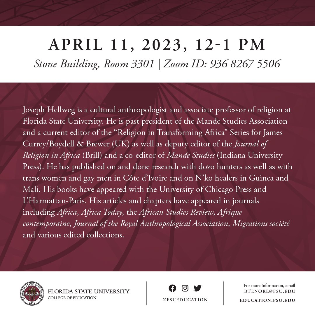 fsuannescollege's tweet photo. Please Join us for this installment of the College of Education Lecture Series featuring Dr. Joseph Hellweg, “A Social Anatomy of Religious Intolerance: The Anthropology of the Body, US Politics, and Ritual Cosmology."

#fsucoe #fsueducation https://t.co/BN4iUnUagi