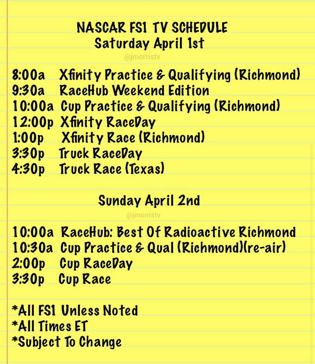 JMorrisTV's tweet photo. 🚨TUNE IN: The weekend schedule ready to roll. 3 races. 2 tracks. 1 doubleheader. Keep it locked @FS1. Xfinity &amp; Cup @RichmondRaceway. Trucks @TXMotorSpeedway. #NASCAR #NASCAR75 🚗💨🏁🏆 https://t.co/lZAmntBdLN