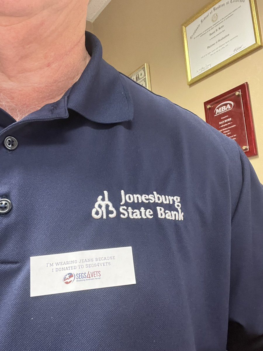 It’s a GREAT Friday when I can wear jeans to work to help support one of my favorite groups <a href="/Segs4Vets/">Segs4Vets</a> !!  Thanks for your service and sacrifice #Vets #America <a href="/mobankers/">Missouri Bankers</a> <a href="/JonesburgStBank/">Jonesburg State Bank</a>