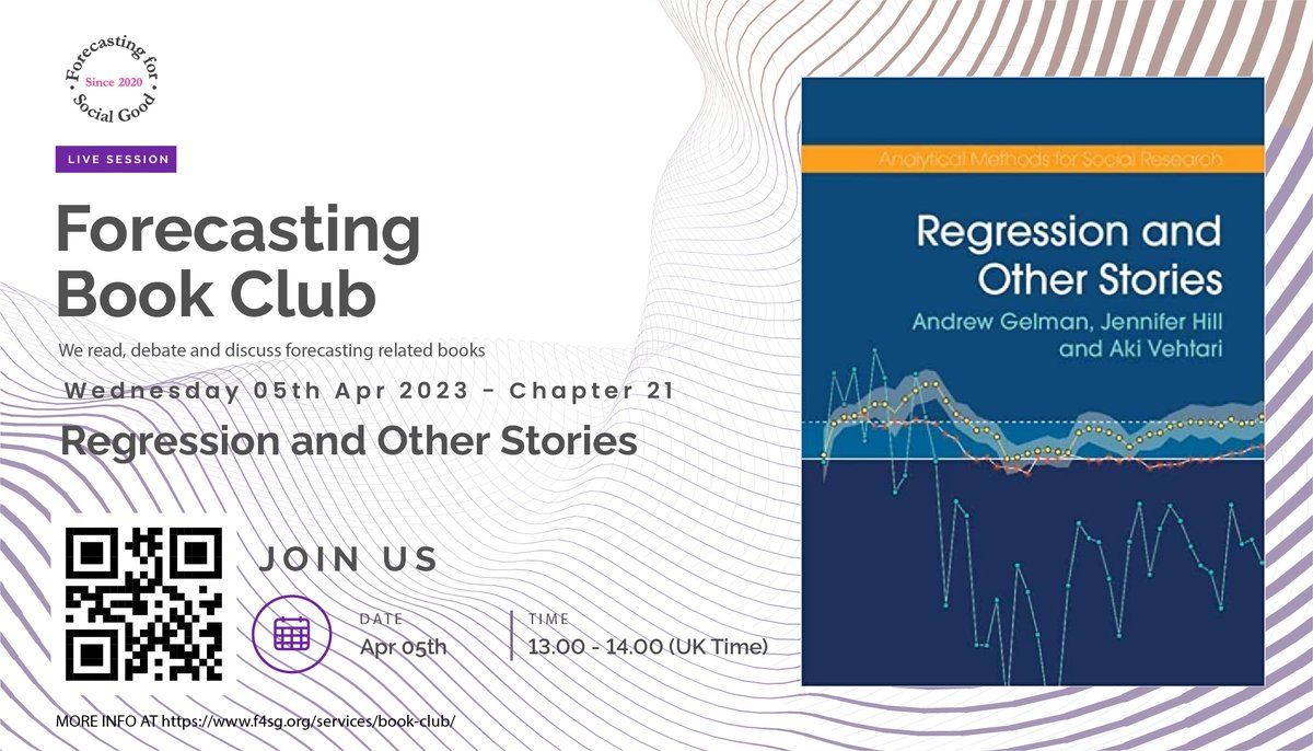 FSG_forecast's tweet image. Hi everyone,
We read Chapter 21 of "Regression and Other Stories" on Wednesday, April 05th, at 1 pm (UK time).
Here is the link to the book: lnkd.in/d5k4iDji
Join the Forecasting Book Club Slack Channel: lnkd.in/g3Mzpq8X
#F4SG #Forecasting #FBB