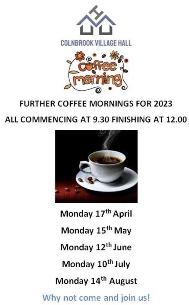 ColnbrookVH's tweet photo. Come and join us at our next coffee morning. https://t.co/3Be0XOpCEV