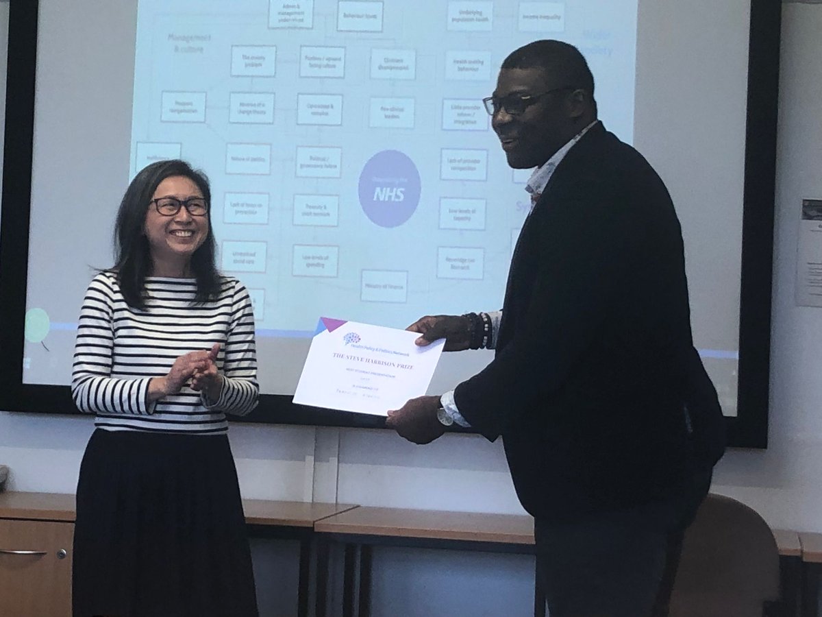 The winner of the Steve Harrison prize for Best Student presentation at the Health Policy & Politics Network 2023 is Francis Ayomoh @ayomohfi for his work on task-shifting in Nigeria. Congratulations Francis! 
#hppnuk @_HSMCentre @SHOC_OBHC @SaraShawX2 @GemHughes