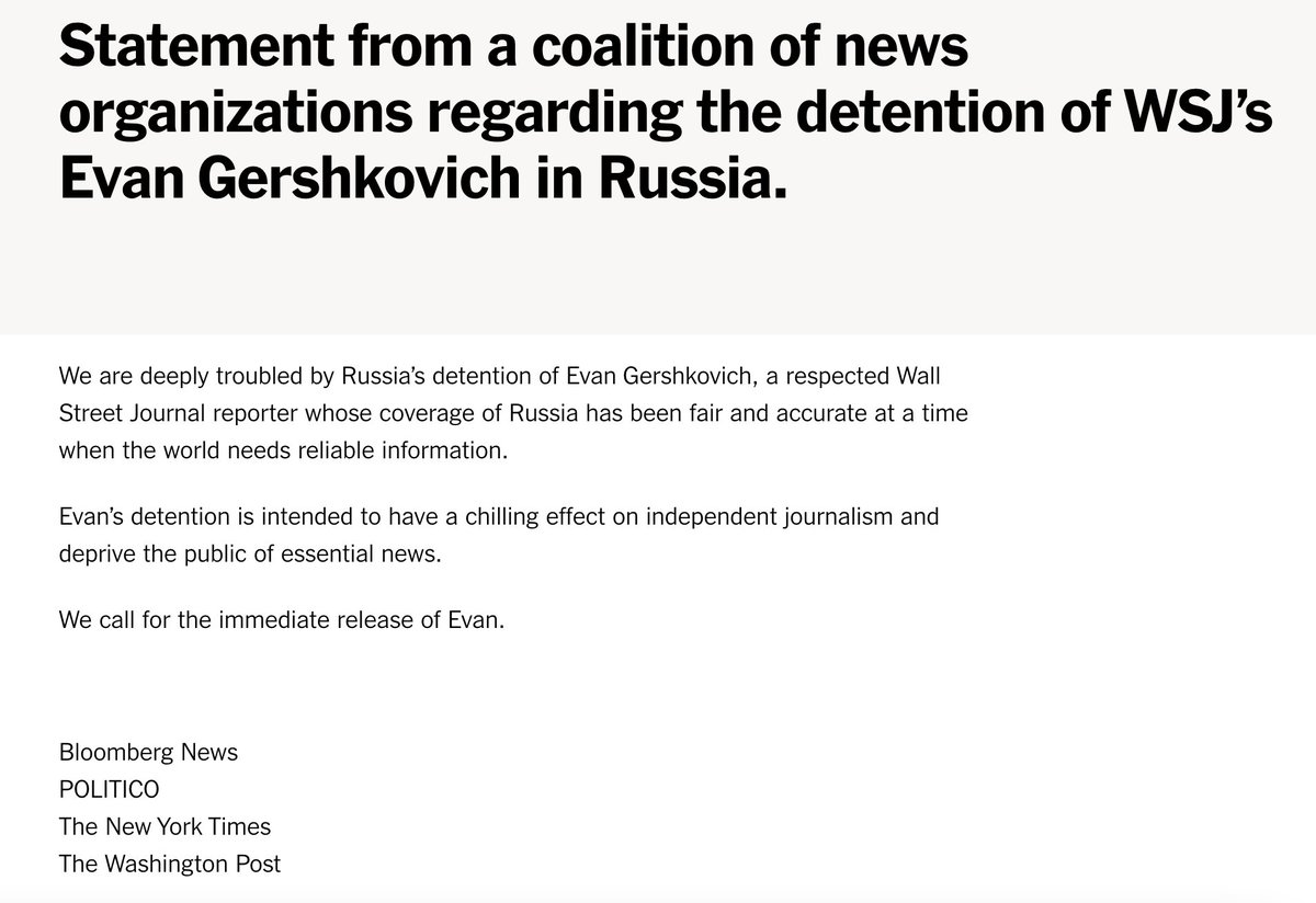 'Evan’s detention is intended to have a chilling effect on independent journalism and deprive the public of essential news.' -- Joint statement from NYT, WP, Bloomberg and Politico regarding Russia's arrest of WSJ’s Evan Gershkovich. nytco.com/press/statemen…