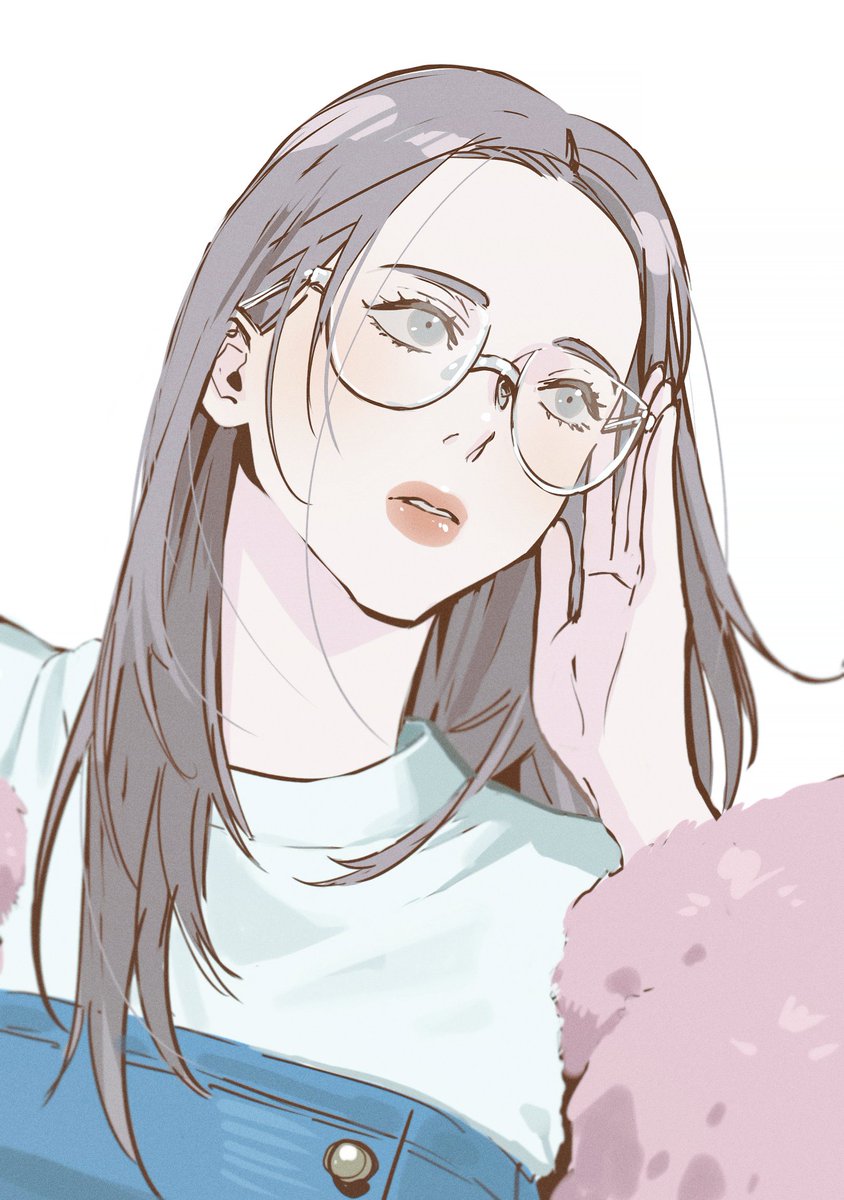 1girl solo glasses long hair white background parted lips overalls  illustration images