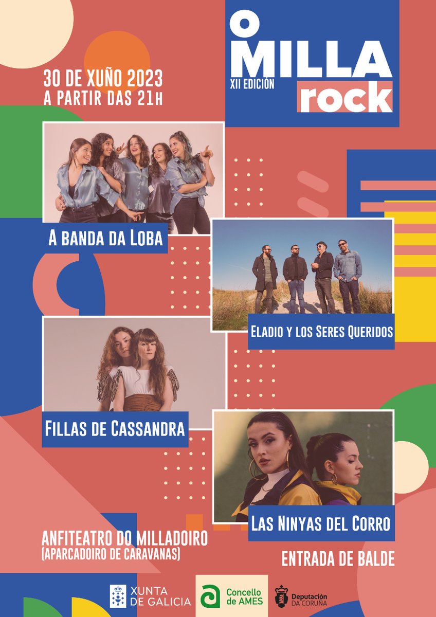 concellodeames's tweet photo. 🎵 O XII #Millarock xa ten cartel confirmado!

👉 @abandadaloba, @Eladioylosseres, @fillasdecassmp3 e @ninyasdelcorro actuarán no anfiteatro do #Milladoiro o vindeiro 30 de xuño.

☑️ Coa colaboración de @Xunta e @Depucoruna

🔗 https://t.co/BYUGMZsZtV

#SomosAmes #AmesCultura https://t.co/fdjPsOHEPE