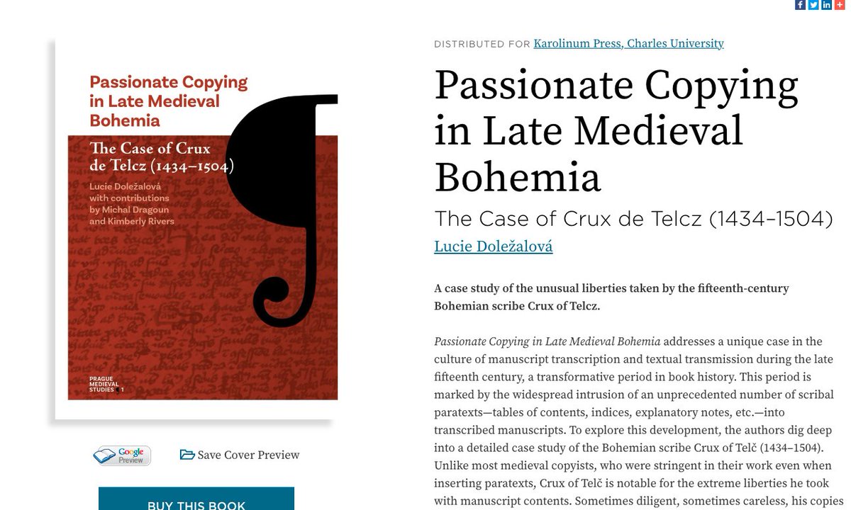 #MedeivalTwitter! We're on the lookout for a reviewer for "Passionate Copying in Late Medieval Boehmia".

Some enticement: "Crux of Telč is notable for the extreme liberties he took with manuscript contents." DMs are open or email reviews.pbsa@bibsocamer.org!