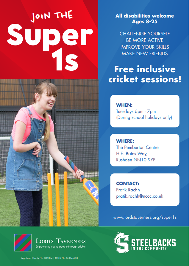 On Tuesday's 4th & 11th April @SteelbacksITC are delivering free cricket sessions for disabled people aged 8-25 at the Pemberton Centre in Rushden. Email pratik.rachh@nccc.co.uk for more information & to get involved in this great fun physical activity opportunity RT @LONorthants