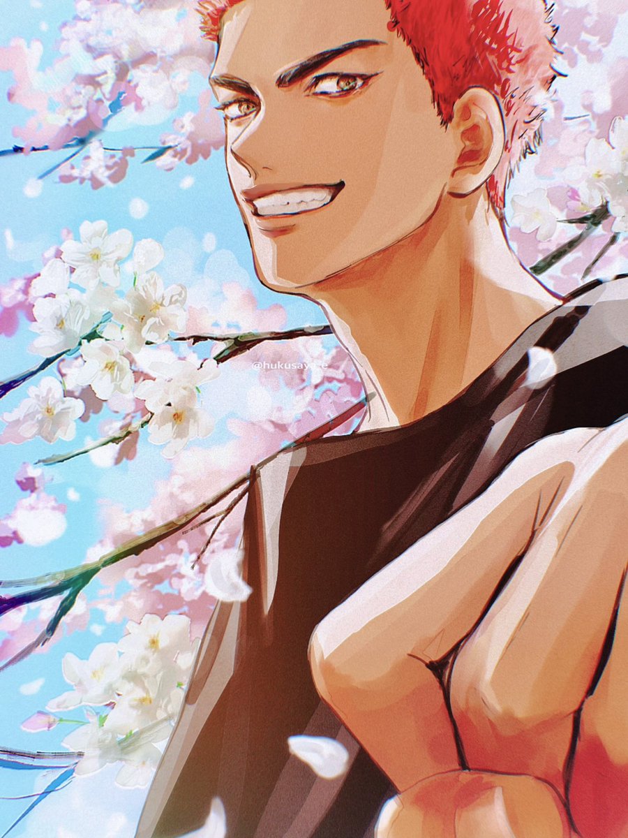 male focus 1boy solo smile looking at viewer cherry blossoms short hair  illustration images