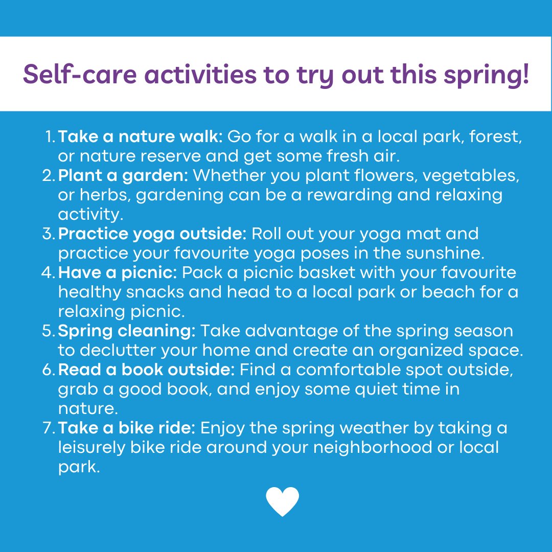 OHTNorthSimcoe's tweet image. Spring has sprung! 🌸🌼🌷 It's the perfect time to prioritize self-care and give yourself a little extra TLC. Here are some simple ideas to help you practice self-care this season. 

#springselfcare #springtime #OHT #OntarioHealthTeam #NorthSimcoeOHT