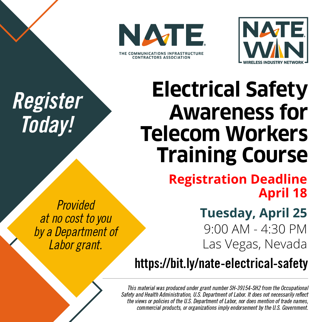 NATEsafety's tweet photo. Register by April 18 for the 2023 Electrical Safety Awareness for Telecom Workers Training Course in Las Vegas, Nevada: https://t.co/pm89qRFFfl @NATEsafety @USDOL @OSHA_DOL #traininggrant #electricalsafety #registertoday https://t.co/SdAPM1jKmb
