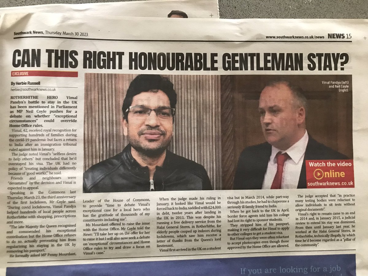 letvimalstay's tweet photo. Our #LetVimalStay campaign continues and will for however long it takes. Thank you @Southwark_News editor @herbie_russell &amp; MP @coyleneil. This is this week’s paper reporting on our hero @Vimalpa95866836’s being raised in Parliament. https://t.co/OVCDrTB4ka