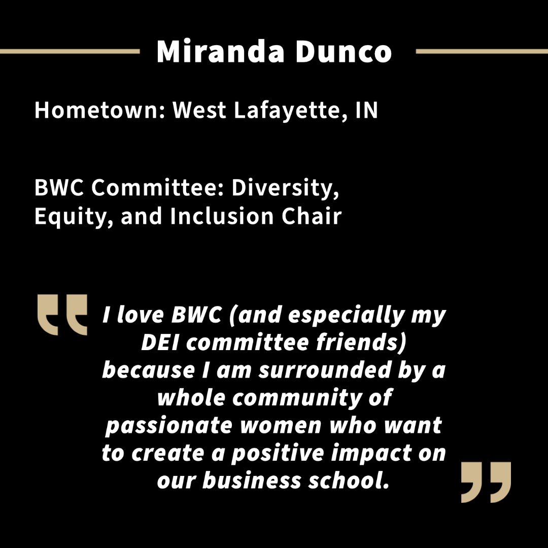 Brock-Wilson Center for Women in Management (@brockwilsonctr) on Twitter photo Our featured BWC Ambassador this week is Miranda Dunco, a sophomore from West Lafayette double majoring in General Management and Marketing! Miranda also serves as our DEI Committee Chair.
Swipe to see what the Brock-Wilson Center means to her!
<a href="/PurdueBusiness/">Purdue Daniels School of Business</a> #PurdueBusiness Our featured BWC Ambassador this week is Miranda Dunco, a sophomore from West Lafayette double majoring in General Management and Marketing! Miranda also serves as our DEI Committee Chair.
Swipe to see what the Brock-Wilson Center means to her!
<a href="/PurdueBusiness/">Purdue Daniels School of Business</a> #PurdueBusiness