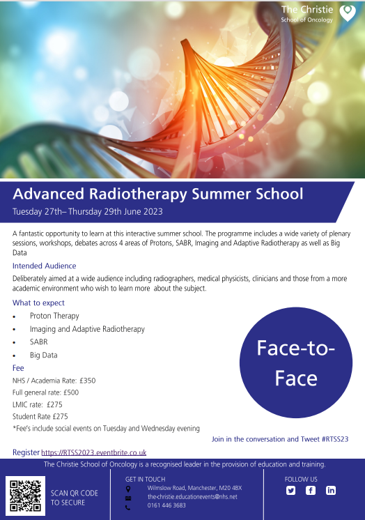 CICEManchester's tweet photo. The Advanced Radiotherapy Summer School is back! 

Make sure you don't miss out on the opportunity to learn more about #Proton #Imaging #AdaptiveRaditotherapy &amp; #SABR 

Book now: https://t.co/PCVHeDjMma

@RCRadiologists @rad__chat @MCRCnews @RT_physics https://t.co/NVW7xo4PX4