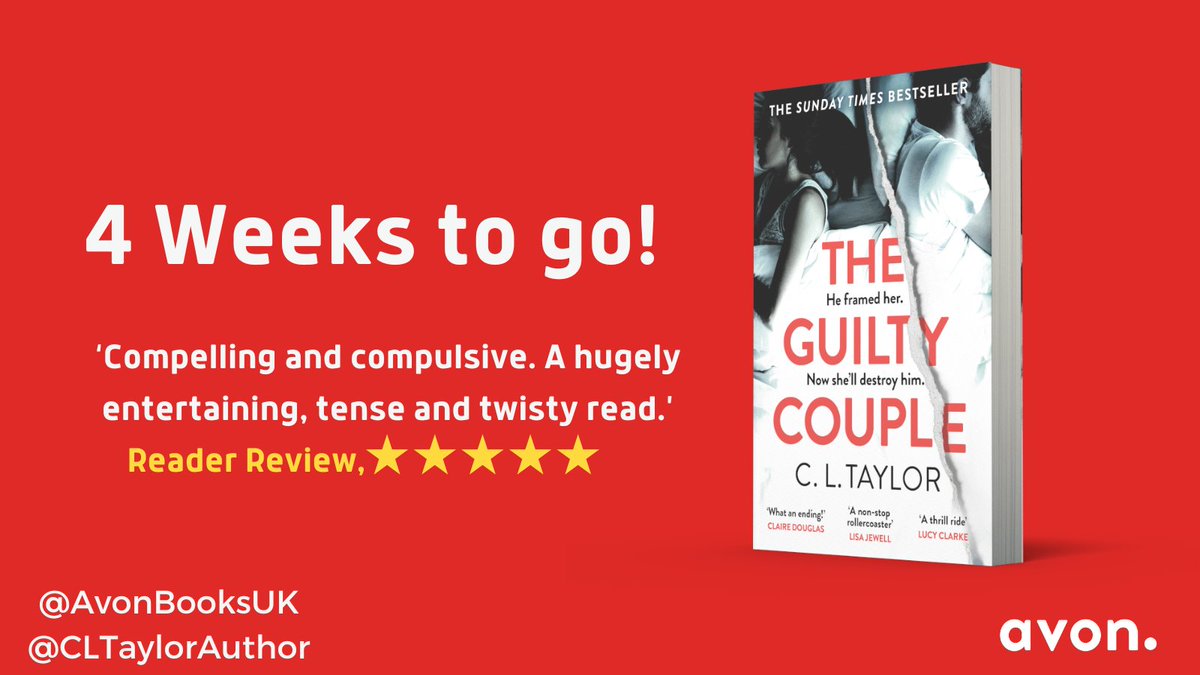AvonBooksUK's tweet photo. Less than FOUR weeks to go until the paperback publication of Sunday Times bestseller #TheGuiltyCouple by @callytaylor ! 

Available to pre-order now! 
https://t.co/Y9IWc4qMC6 https://t.co/ERHur2PR9H