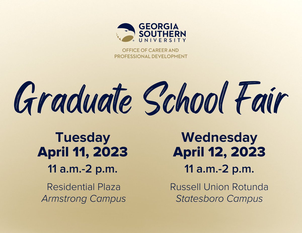 gsocpd's tweet image. Join us for the Graduate School Fair! 🎓

 This is a great opportunity to speak with graduate school admissions representatives from universities throughout Georgia and the surrounding region.

Visit Handshake for more details. 💻