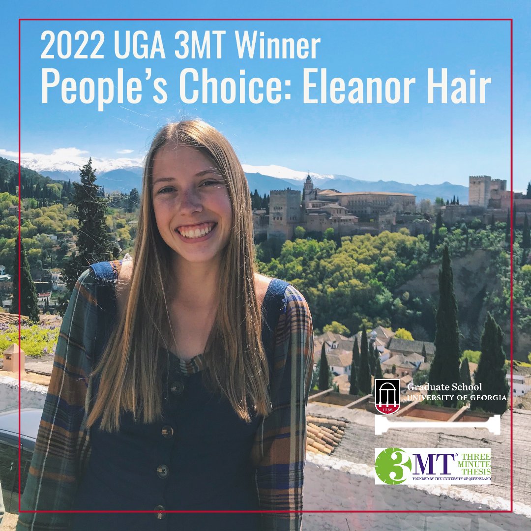 Eleanor Hair won the 2022 3MT people's choice award. Eleanor said that 3MT helped her develop her thesis topic and study methods, and she is glad she entered the competition. The 12th annual UGA 3MT final competition will be held next week on April 5th, at 7:00 pm. #GradDawgs