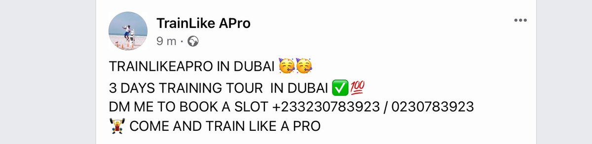 trainlikeaprog1's tweet photo. TRAINLIKEAPRO IN DUBAI π₯³π₯³
3 DAYS TRAINING TOUR IN DUBAI β
π―
DM ME TO BOOK A SLOT +233230783923 / 0230783923
ποΈββοΈ COME AND TRAIN LIKE A PRO
@trainlikeaprog1
#quickstamina
#trainlikeaprogh #laryeatotti #trainlikeaprototheworld @tv3_ghana @TottiLaryea #Dubai #soccer #Ghana https://t.co/9wyaStCvEG
