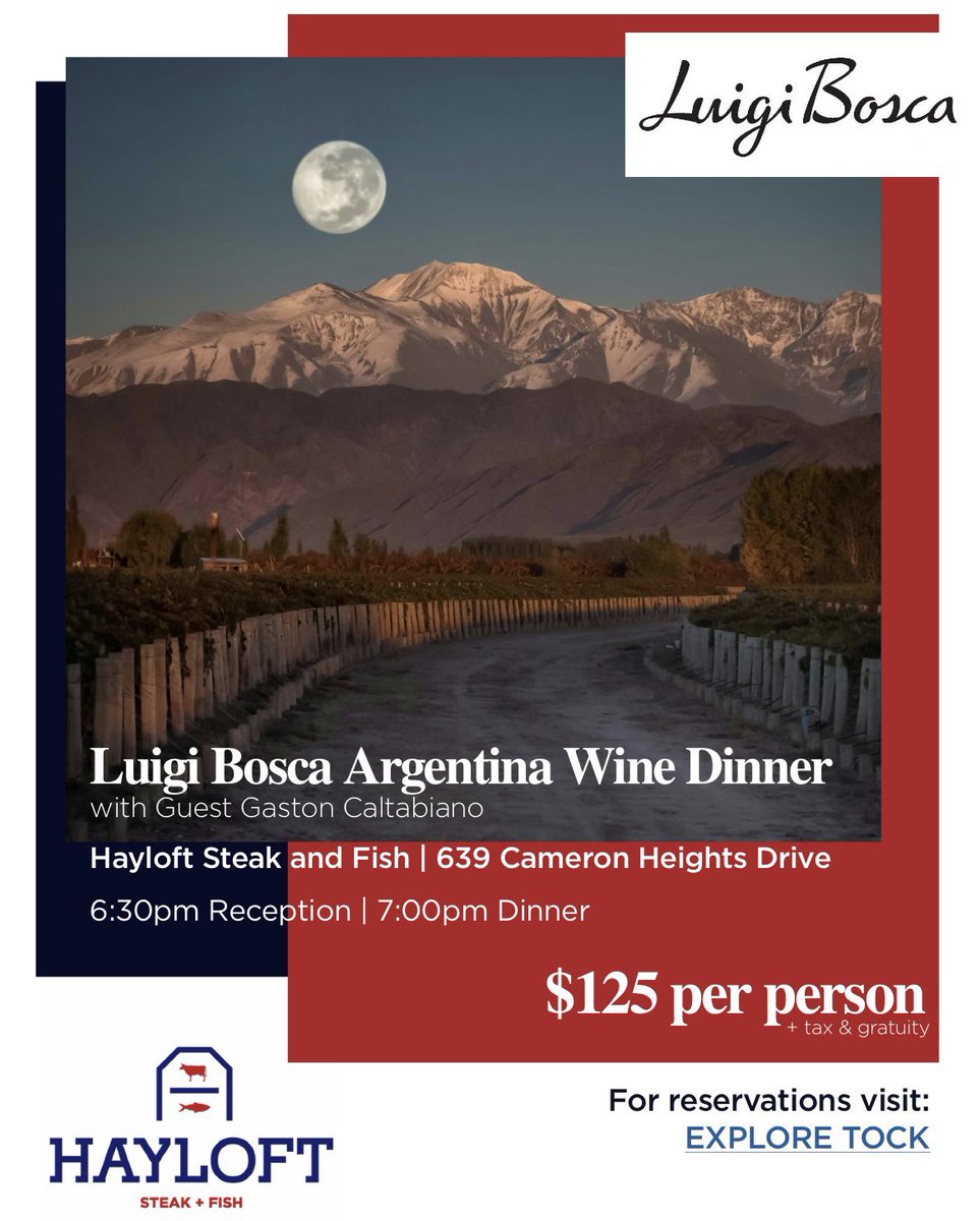 caskandbarrel73's tweet photo. The Luigi Bosca Wine Dinner is coming to Hayloft Steak and Fish on Monday April 24th. Brand Ambassador Gaston Caltabiano will talk to us about one of Argentinas most iconic wineries along with enjoying several wines through the dinner. @PWS_Canada @LuigiBoscaBodeg @Hayloftsteak https://t.co/EhKM50B7AH
